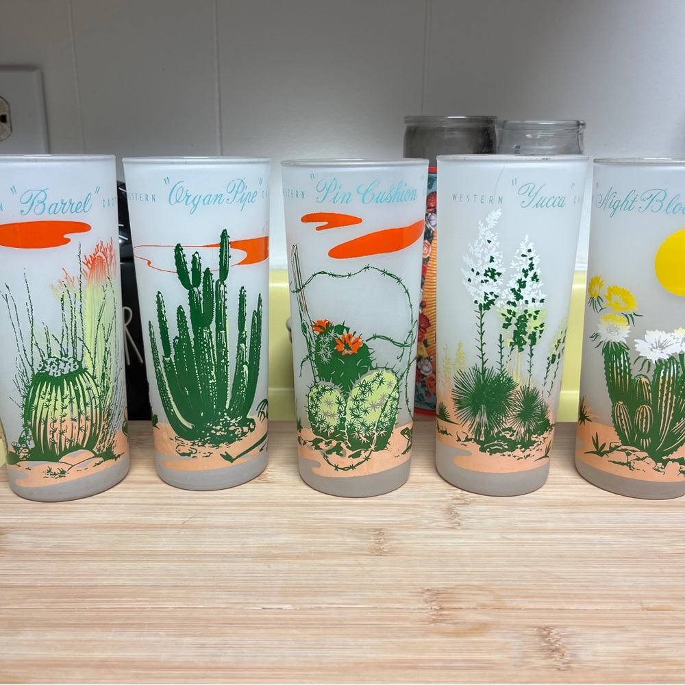 Vintage Blakely Oil Gas Arizona Cactus-Themed Frosted Glass Set of 5